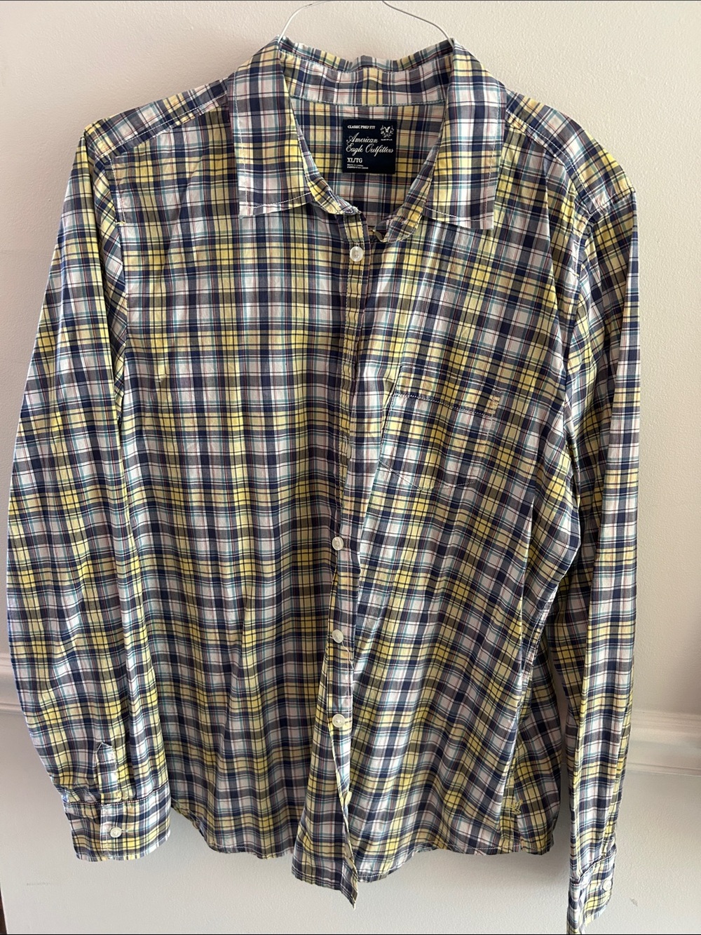 American Eagle Outfitters Yellow and Navy Plaid Button-Up Shirt